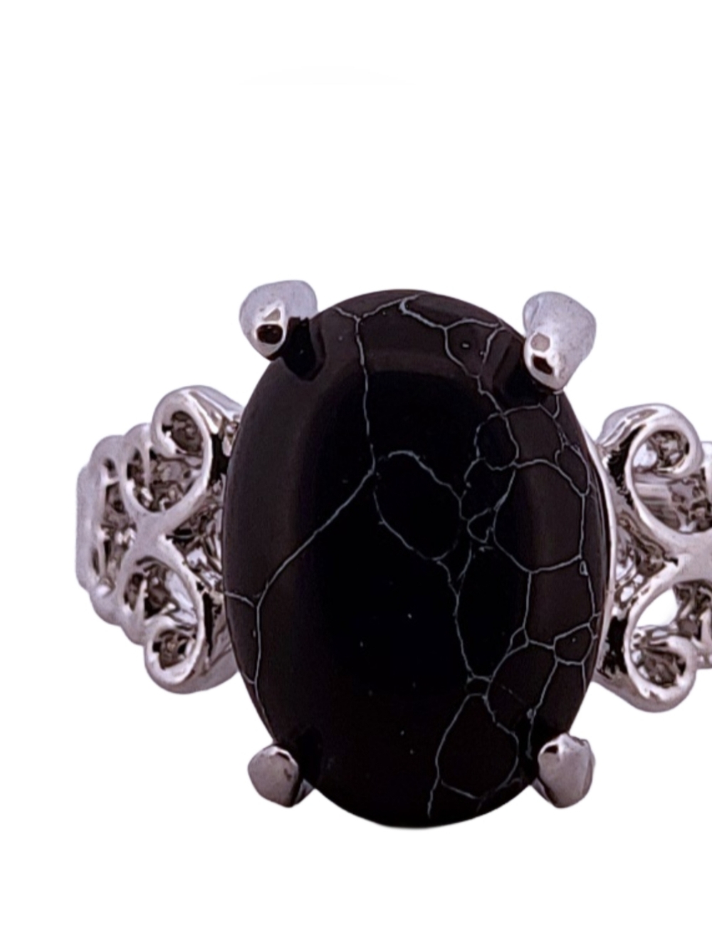 Oval Black Howlite Silver Ring, size 9 386